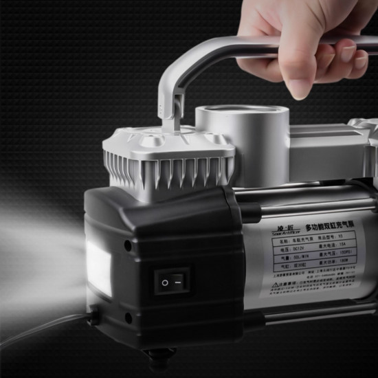 12V High Power 150PSI 8BAR Portable Dual Cylinder Car Tire Inflator Compressor Pump with LED Light