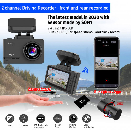AKEEYO AKY-D9 4K/2K 2 Channel Dash Cam Sony IMX335 sensor Built-in GPS 32GB Memory