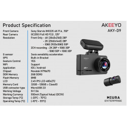 AKEEYO AKY-D9 4K/2K 2 Channel Dash Cam Sony IMX335 sensor Built-in GPS 32GB Memory