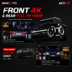 AKEEYO AKY-T2 4K Front + FHD Rear 2-Channel Dash Cam Built-in GPS WiFi App 64GB Memory included