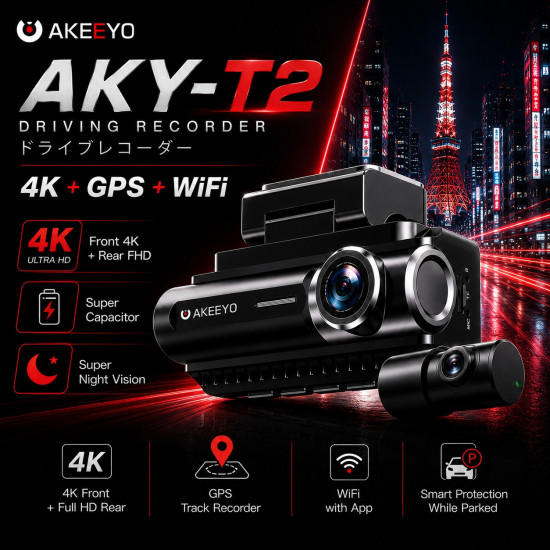 AKEEYO AKY-T2 4K Front + FHD Rear 2-Channel Dash Cam Built-in GPS WiFi App 64GB Memory included