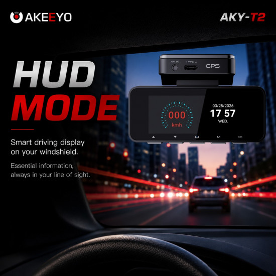 AKEEYO AKY-T2 4K Front + FHD Rear 2-Channel Dash Cam Built-in GPS WiFi App 64GB Memory included