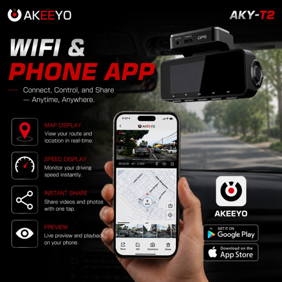AKEEYO AKY-T2 4K Front + FHD Rear 2-Channel Dash Cam Built-in GPS WiFi App 64GB Memory included