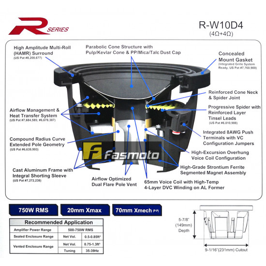 Alpine R-W10D4 R-Series 10 inch Subwoofer with Dual 4 ohm Voice Coils 750W RMS