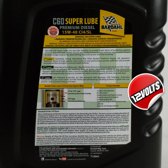 Bardahl C60 Mineral Diesel Engine Oil SAE 15W40 CI4/SL w/ Super B1 Bardahl C60 Mineral Diesel Engine Oil SAE 15W40 CI4/SL w/ Super B1