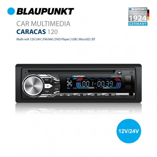 BLAUPUNKT CARACAS 120 12V/24V Single DIN DVD CD USB Bluetooth SDHC FM/AM Radio Receiver