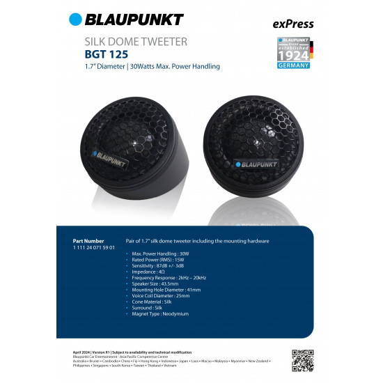 BLAUPUNKT BGT 125 1.7" Silk Dome Tweeter 30W Max (1 PAIR) BLAUPUNKT BGT 125 1.7" Silk Dome Tweeter 30W Max (1 PAIR)