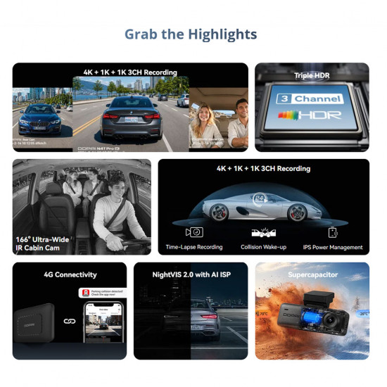 DDPAI N4T 3-Channel 2.5K Front, 1080P Rear , 1080P Interior Dashcam 1.9" Display (Built-in GPS, Hardwire Kit included)