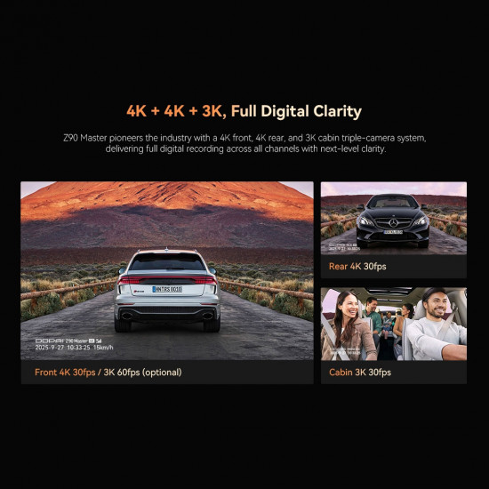 DDPAI Z90 Master Dual/3-Channel 4K Front & Rear HDR Sony Starvis & 3K Interior Dashcam 3" Display (Built-in GPS, Hardwire Kit included)
