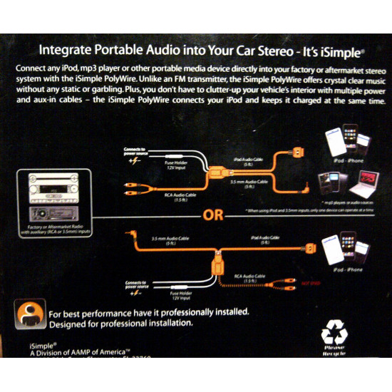 iSimple PolyWire - Car Radio RCA Audio Connector Cable for the iPod or iPhone