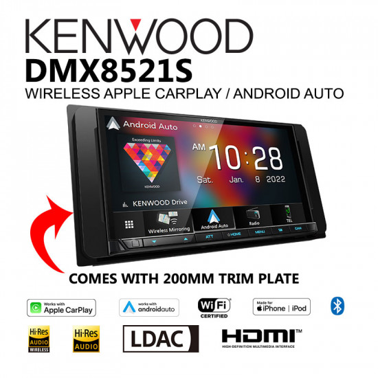 Kenwood DMX8521S 7.0" Display Digital Media Receiver with Wireless Apple CarPlay, Android Auto, Mirroring, Hires Audio, LDAC Kenwood DMX8521S 7.0" Display Digital Media Receiver with Wireless Apple CarPlay, Android Auto, Mirroring, Hires Audio, LDAC