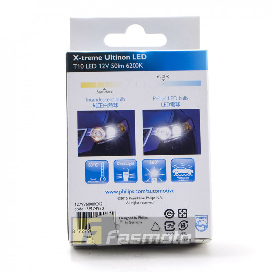 PHILIPS 127996200KX2 T10 X-treme Ultinon LED Ceramic 6200K 50 Lm 12V Twin Pack PHILIPS 127996200KX2 T10 X-treme Ultinon LED Ceramic 6200K 50 Lm 12V Twin Pack