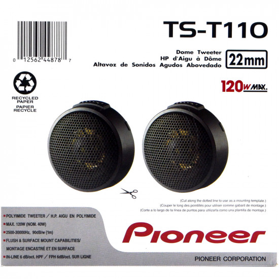 Pioneer TS-T110 7/8" 22mm PPTA Hard Dome Tweeter In-line HPF 40W RMS at 4 ohm