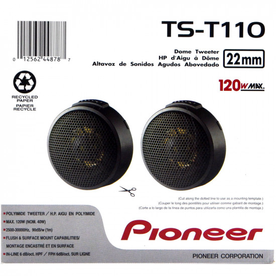 Pioneer TS-T110 7/8" 22mm PPTA Hard Dome Tweeter In-line HPF 40W RMS at 4 ohm Pioneer TS-T110 7/8" 22mm PPTA Hard Dome Tweeter In-line HPF 40W RMS at 4 ohm
