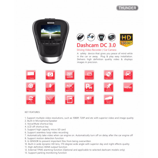 THUNDER DC 3.0 Dash Camera with 16GB Memory Card FHD 1080P 170 Degree Wide Angle THUNDER DC 3.0 Dash Camera with 16GB Memory Card FHD 1080P 170 Degree Wide Angle