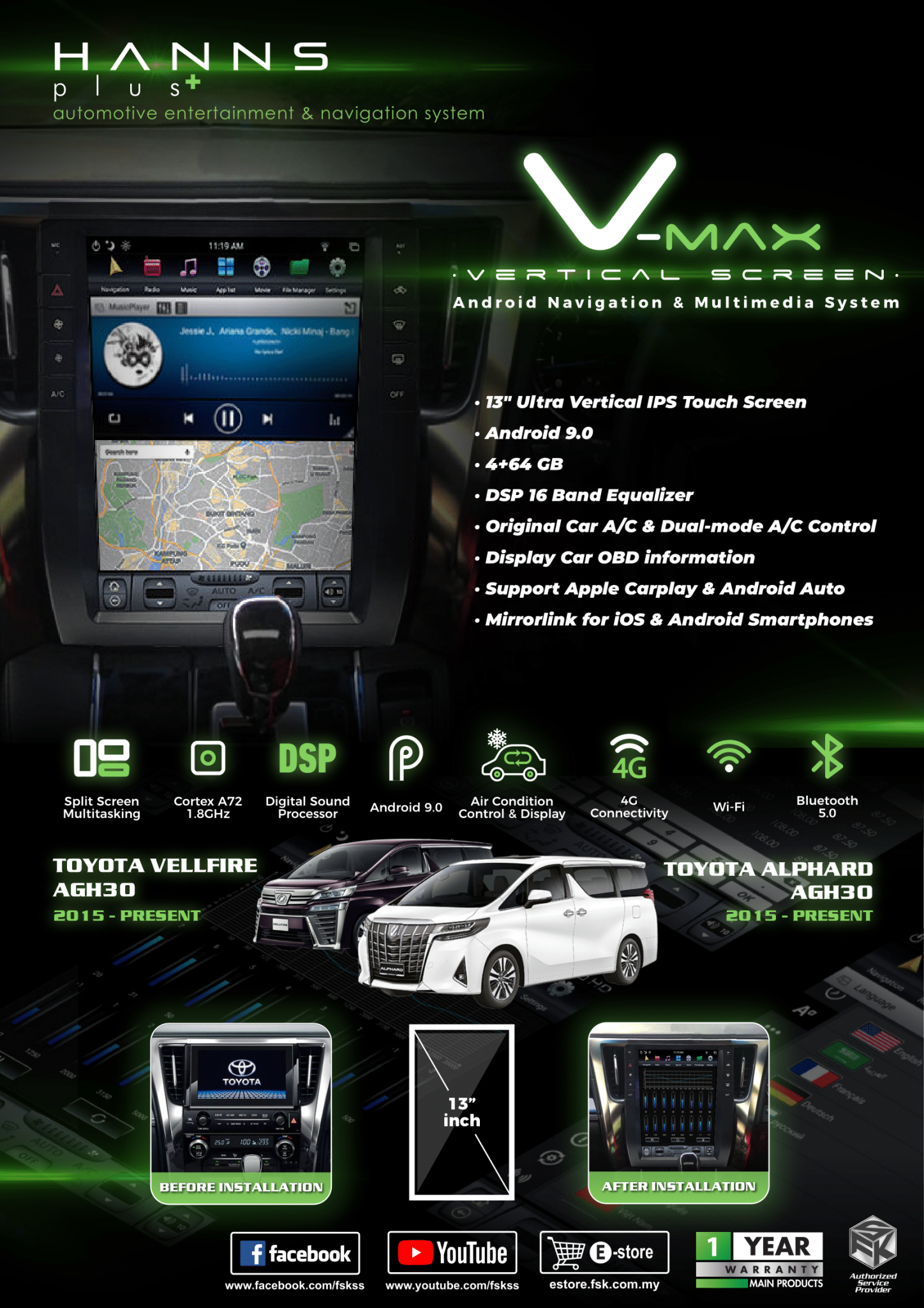 Hanns Plus – V-Max 13 inch Vertical Screen Android Head Unit (Toyota Alphard & Vellfire (AGH30) 2015~Present)