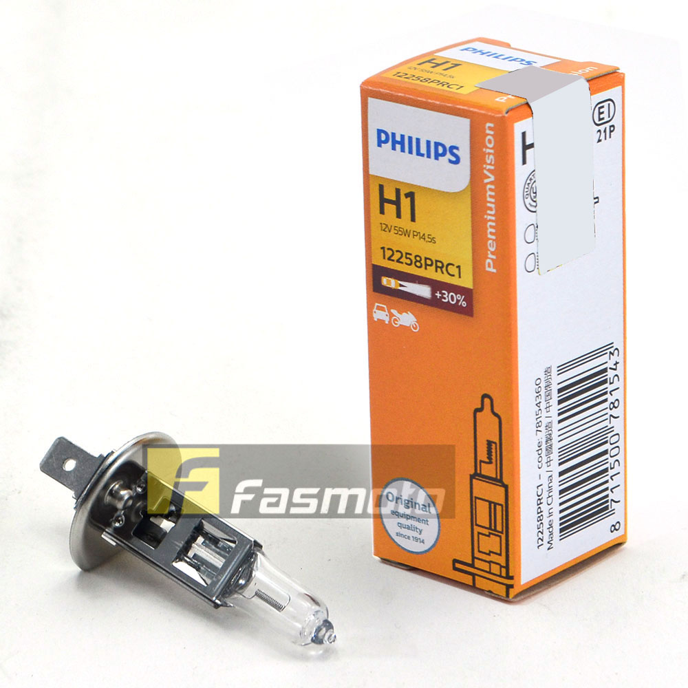 Philips 12258PRC1 H1 Premium Vision 12V 55W P14.5s Single Filament Head Lamp Halogen Bulb